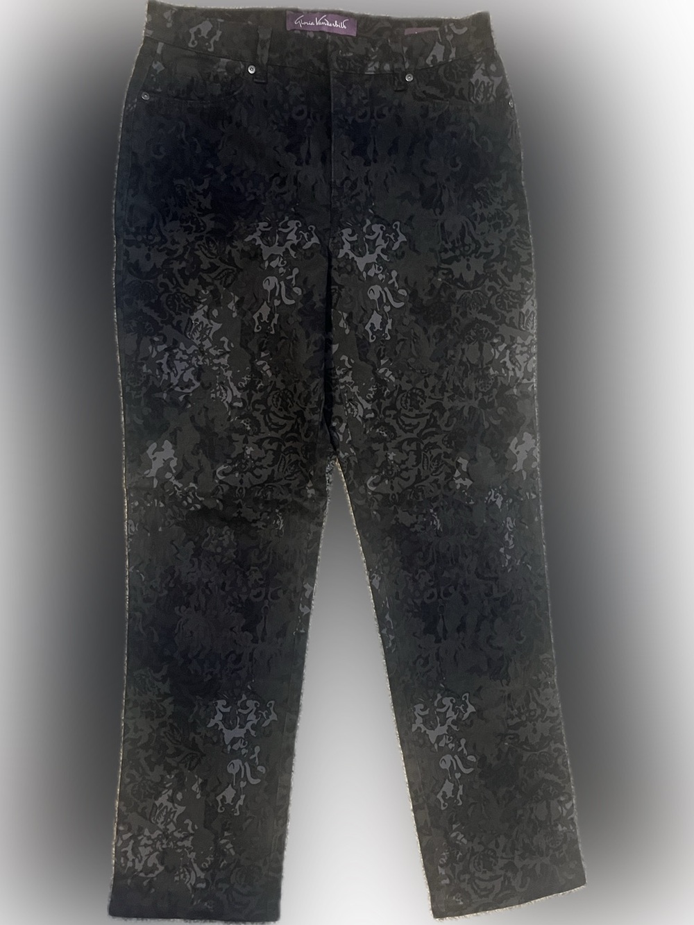Gloria Vanderbilt Amanda High Rise Classic Jeans Black Floral Stencil Print Sz 8